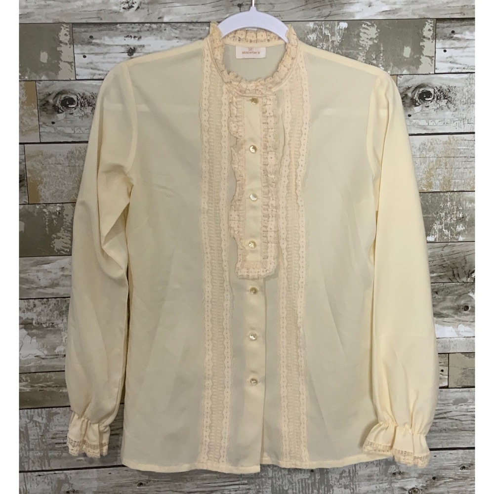 Vintage Hudson's ILGWU made Beige‎ Cream Button Front Blouse Lace Long Sleeve